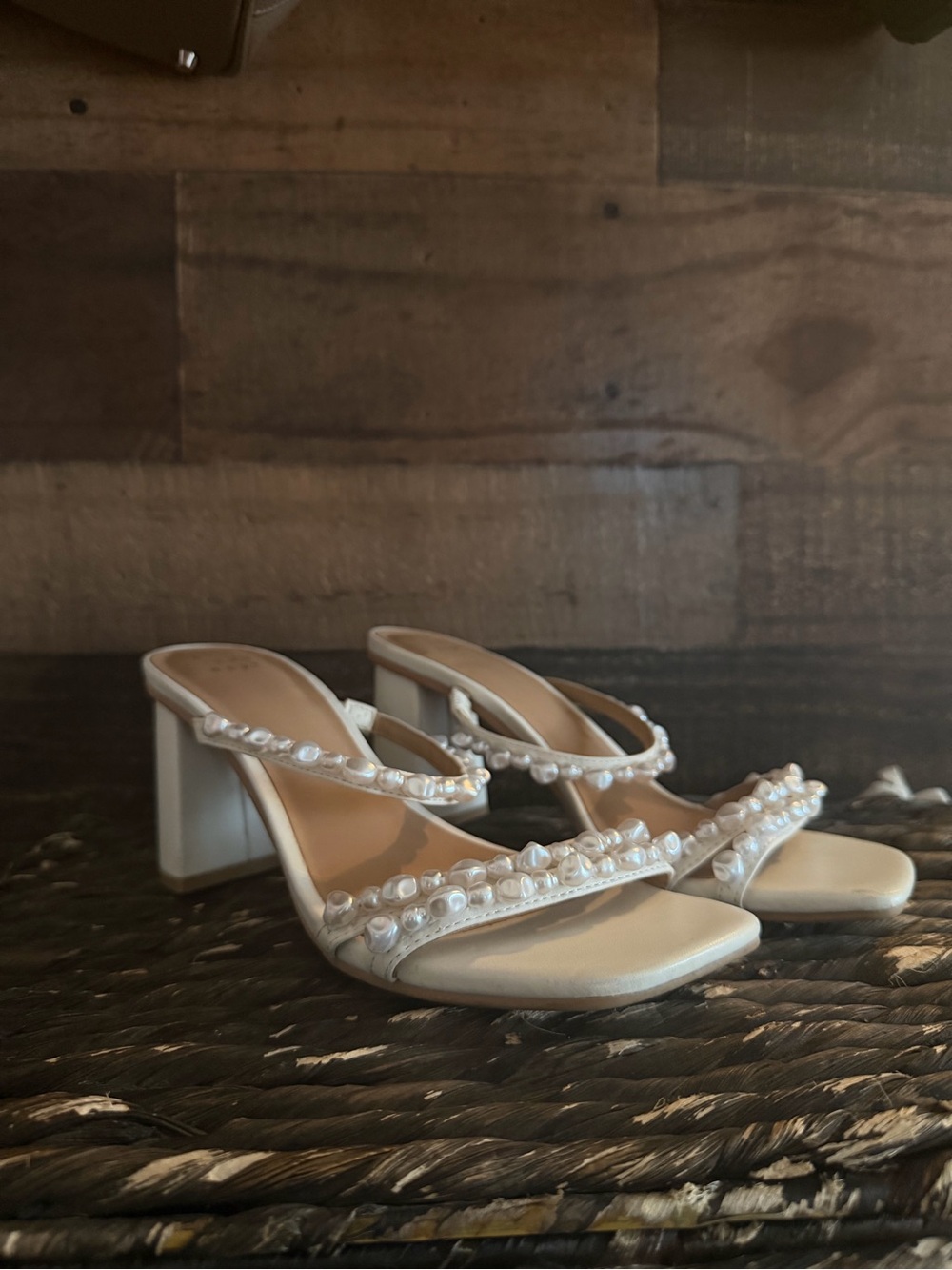 a new day Pearl-Trim White Block Heel Sandals
